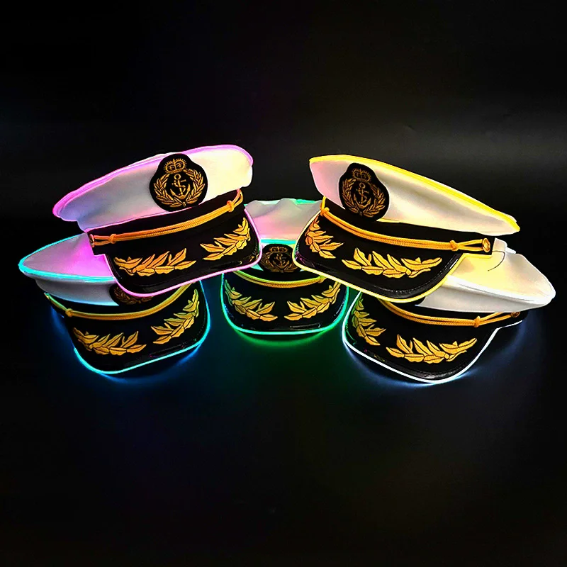 Nuevas gorras blancas luminosas de capitán marinero yate, bordado de trigo, LED brillante, sombrero marino azul marino, sombreros para disfraz de Halloween para hombres y mujeres