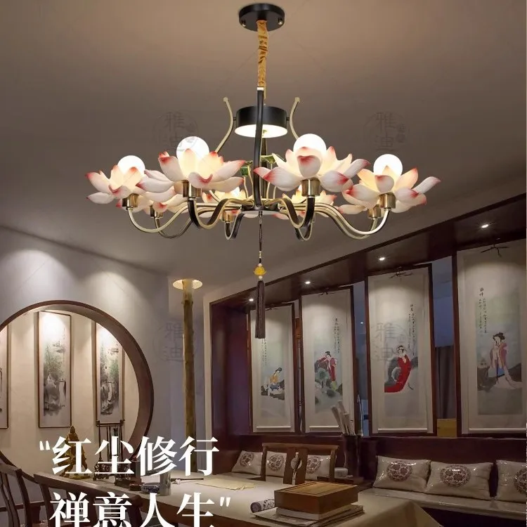 Buddhist hall new Chinese chandelier Chinese style art living room lamp Zen tea room creative lotus