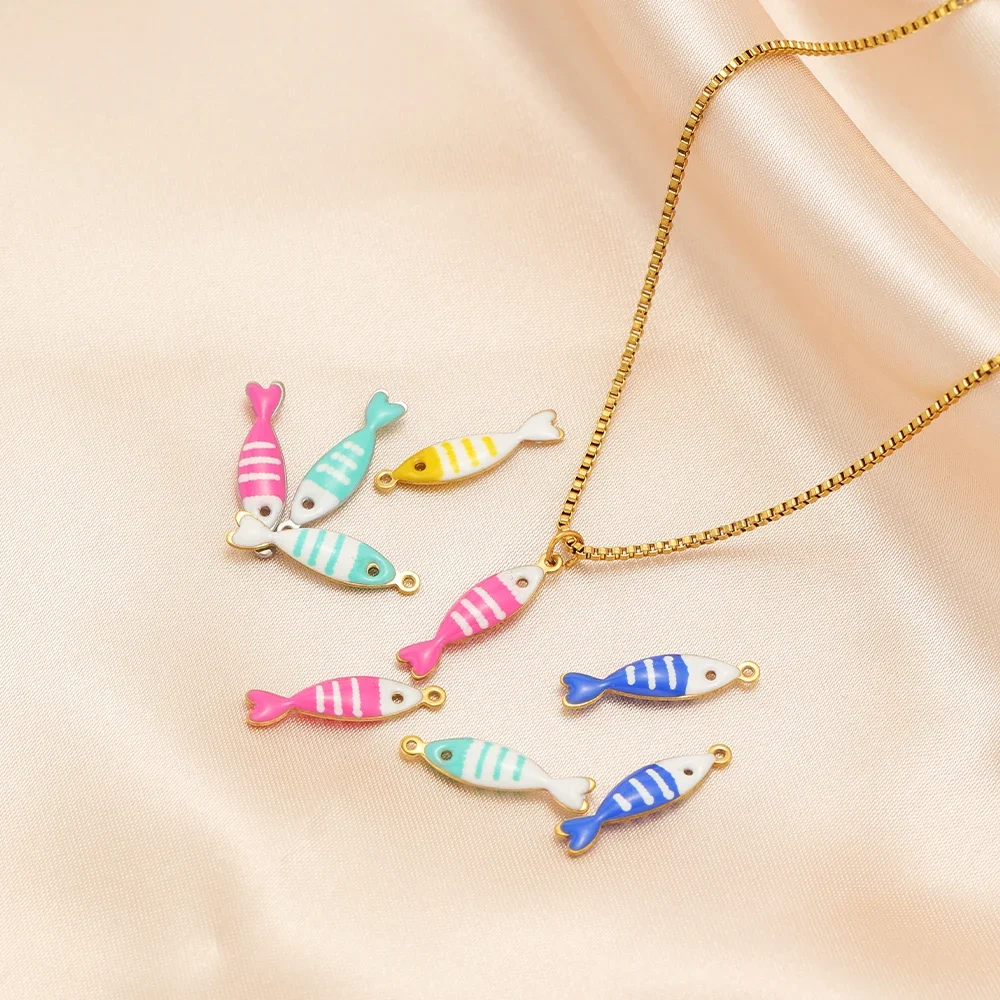 20pcs Stainless Steel Stripe Fish Charms Enamel Gold Color Pendants DIY New Fashion Necklace Making Jewelry Bracelet Accessories