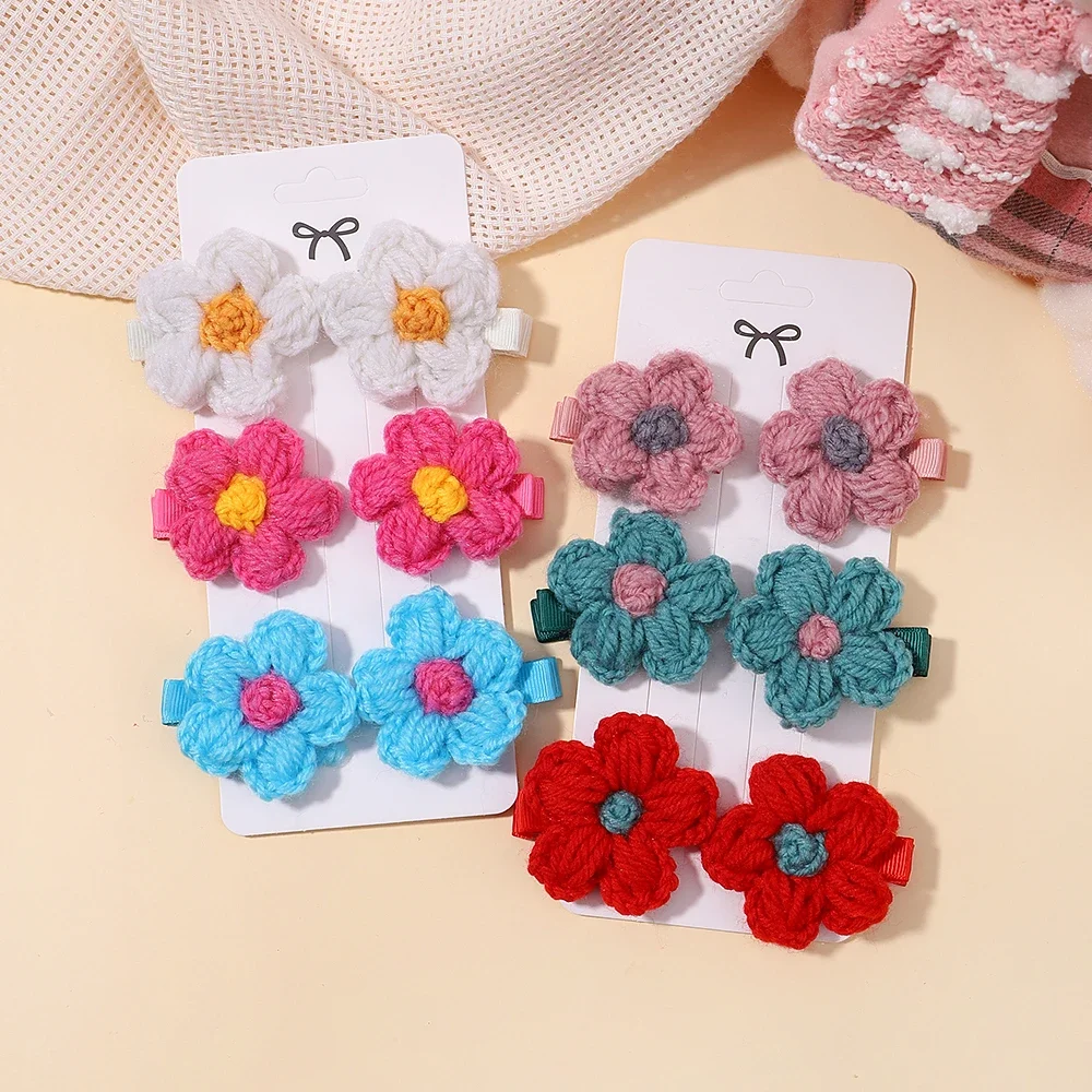 6pcs/set Baby Girls Wool Knitting Headwear Handmade Crochet Small Puff Flower Safe Hairs Clips Children Hairpins Hair Accessory