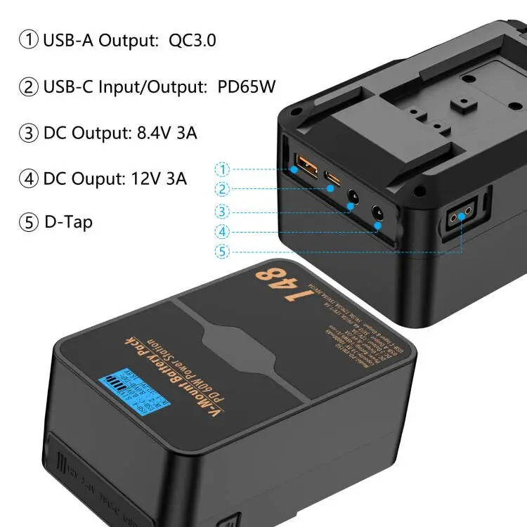 10000mAh PD-VM150 148Wh V Mount Battery with PD 60W USB-C Cable & LCD Display for Sony Camera LED Light Broadcast Camcorder