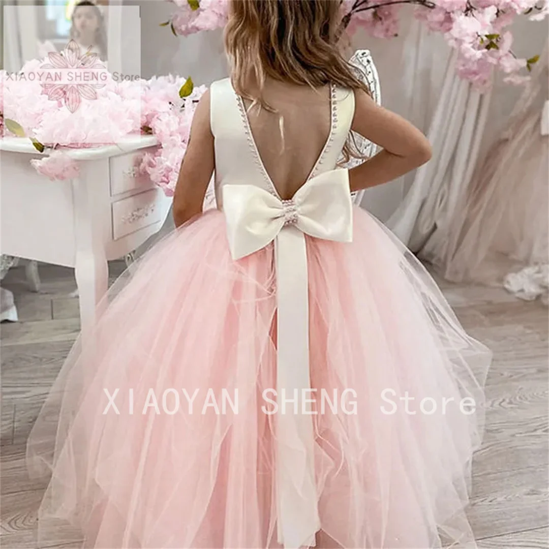 Pink Flower Girl Dresses For Weddings Pearl Neckline Open Back Princess 1st Communion Dress With Bow Kids Formal Party Gowns