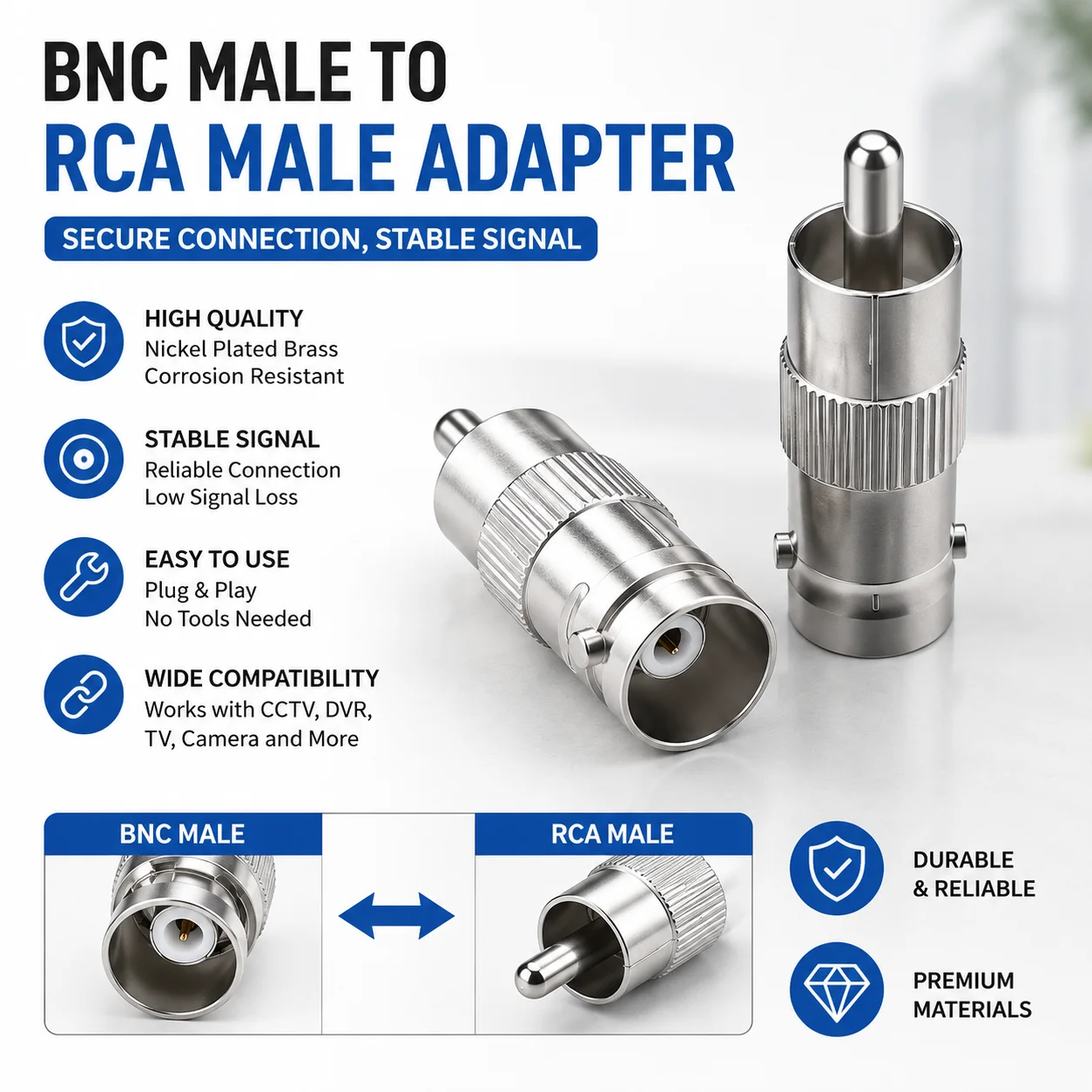 

BNC Female Jack to RCA Male Plug Adapter Straight Camera Connector for CCTV Security Camera