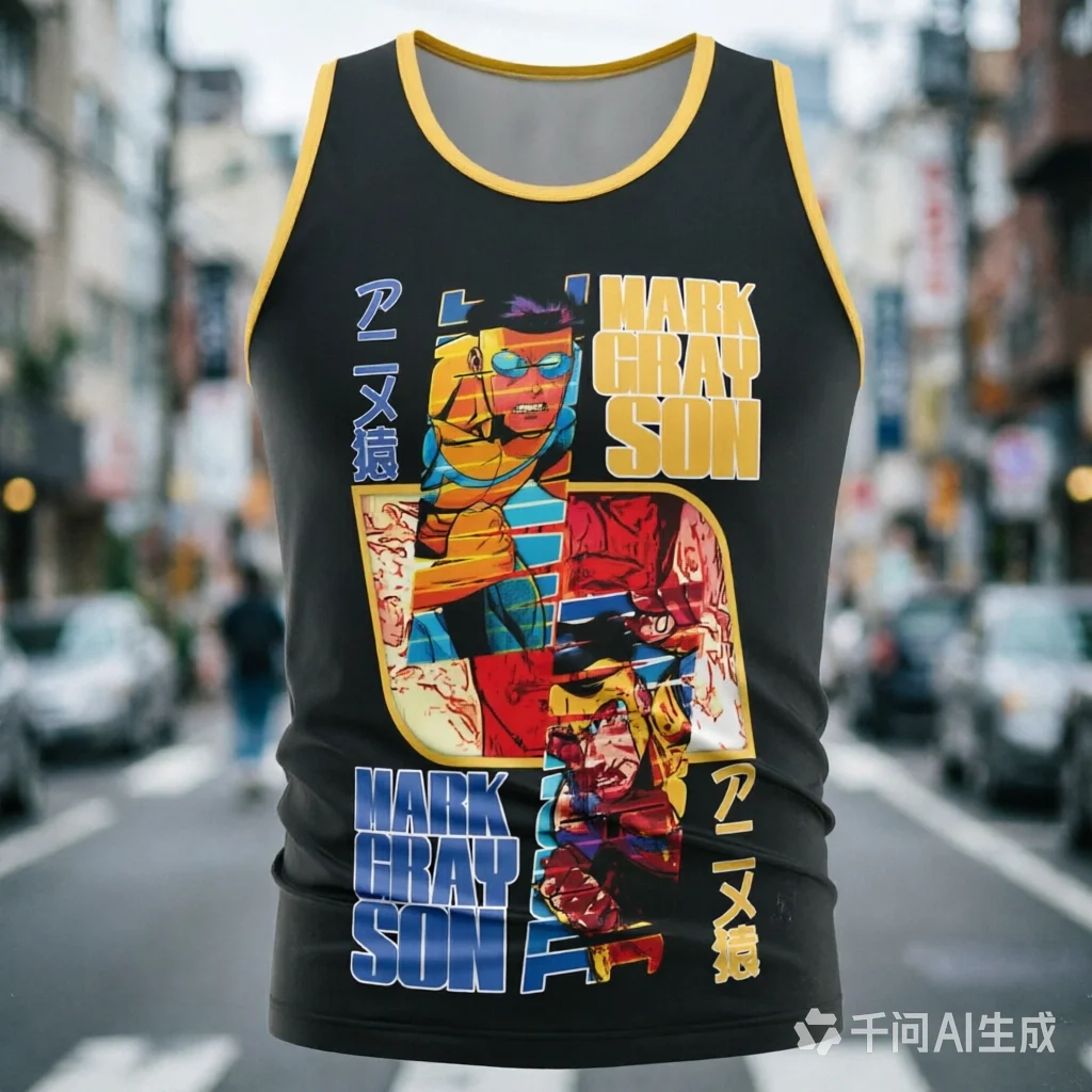 Invincible Mark Grayson Anime Panel Print Men Black Yellow Trim Sleeveless Casual Gym Streetwear Workout Sports Tank Top