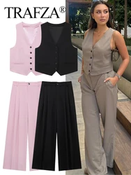 TRAFZA 2024 Women Fashion Solid Vest Pant Sets Sleeveless Pockets Single Breasted Vest +High Waist Pockets Pants Suit Streetwear