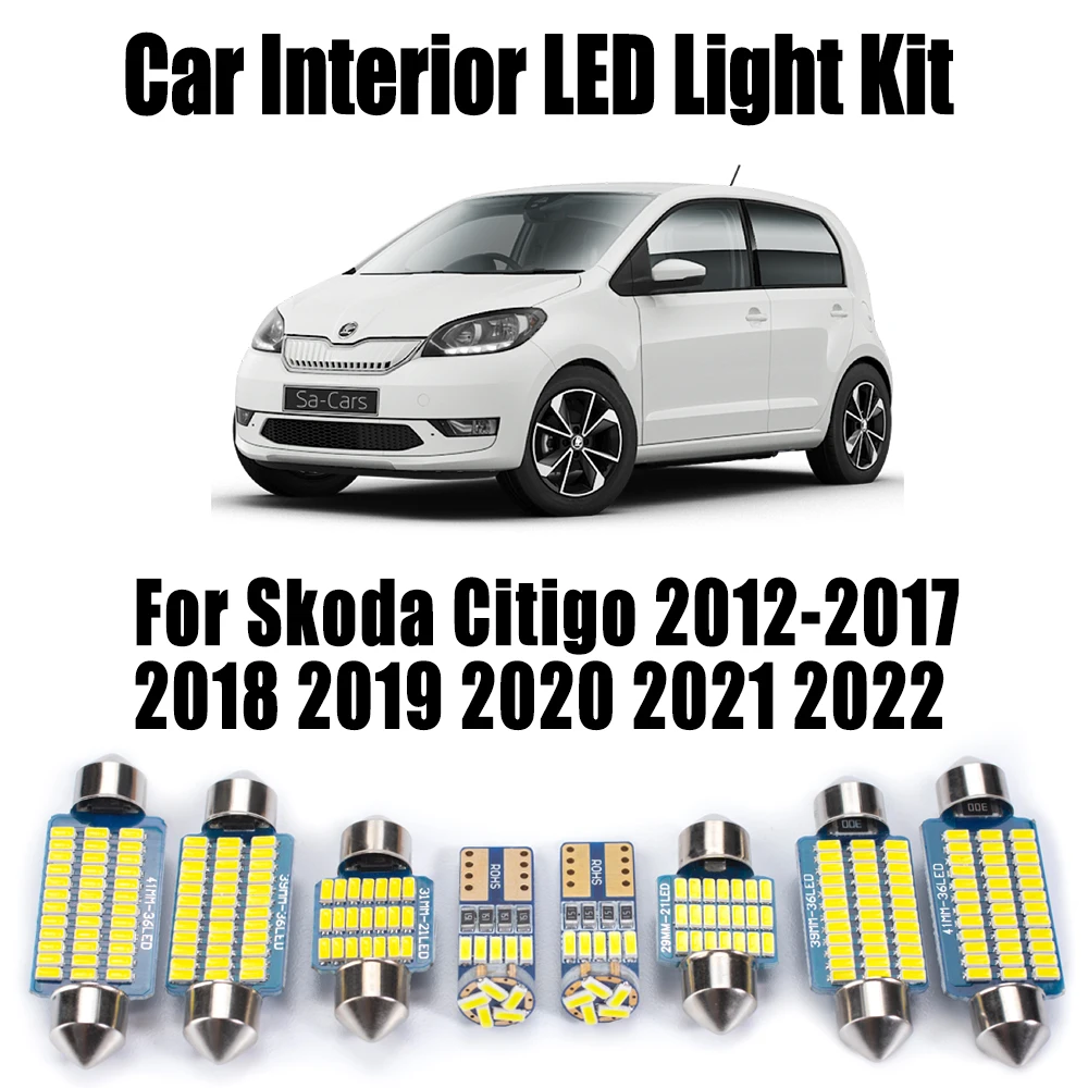 

Комплект из 7 светодиодных ламп Canbus для Skoda Citigo 2012-2019, 2020, 2021, 2022 годов выпуска, без ошибок, для освещения салона, карты, потолка и багажника