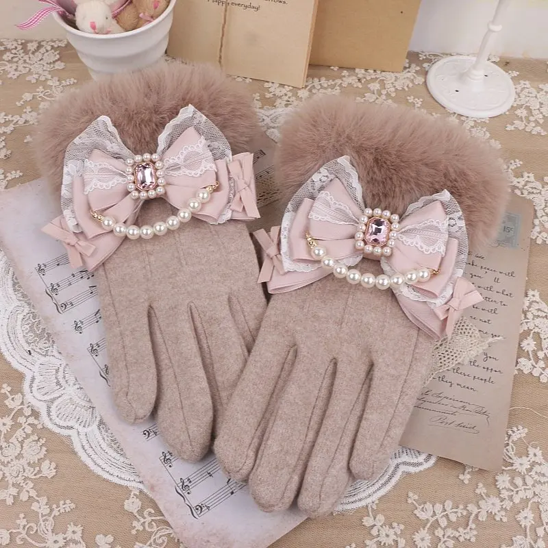 

Женские осенние и зимние теплые перчатки ручной работы, милые милые кружевные перчатки с бантом и стразами из бисера, перчатки Лолиты с сенсорным экраном на палец