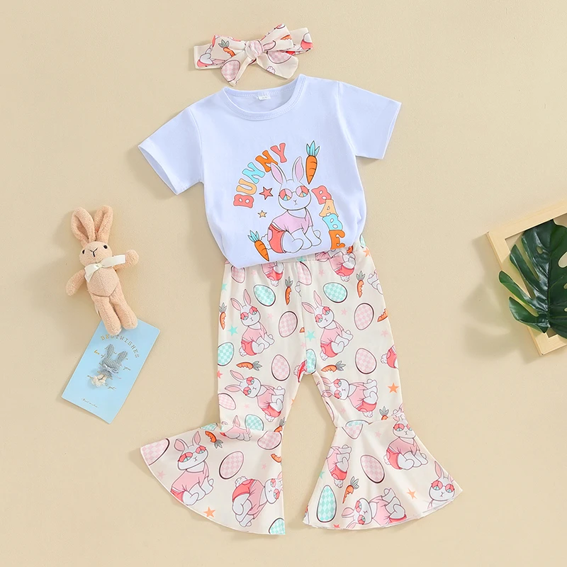 Conjunto de pantalón y top de manga corta con estampado de conejito de Pascua con diadema a juego para niñas - Conjunto de conjunto con estampado de huevos y zanahorias