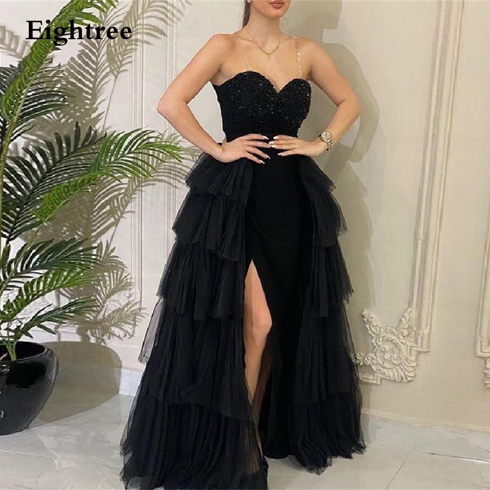 Nieuwste Black Side Slit A Line Tiered Avondjurken Sweetheart Arabië Mouwloze Formele Night Prom Dress Partij Jassen Vestidos