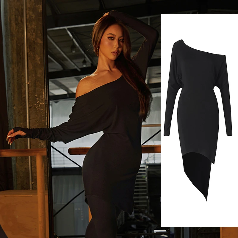 

Платье для латинских танцев ZYM, новое черное платье с наклонными плечами и длинными рукавами, нерегулярное черное платье для взрослых, тренировочная одежда, платье для румбы и танго DNV25388