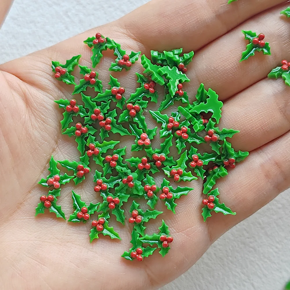 50 Stück Weihnachtsbaumblatt-Harz-Dekorationen mit flachem Boden für Nägel, geeignet für DIY-Schmuckherstellung – Detail 6