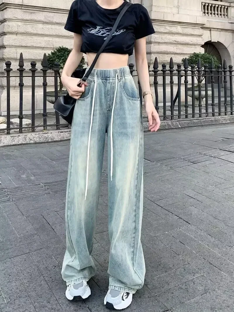 Vintage Drawstring Jeans Women Straight Wide Leg Pants High Waist Pockets Full Length Trousers 2024 Female Denims Streetwear