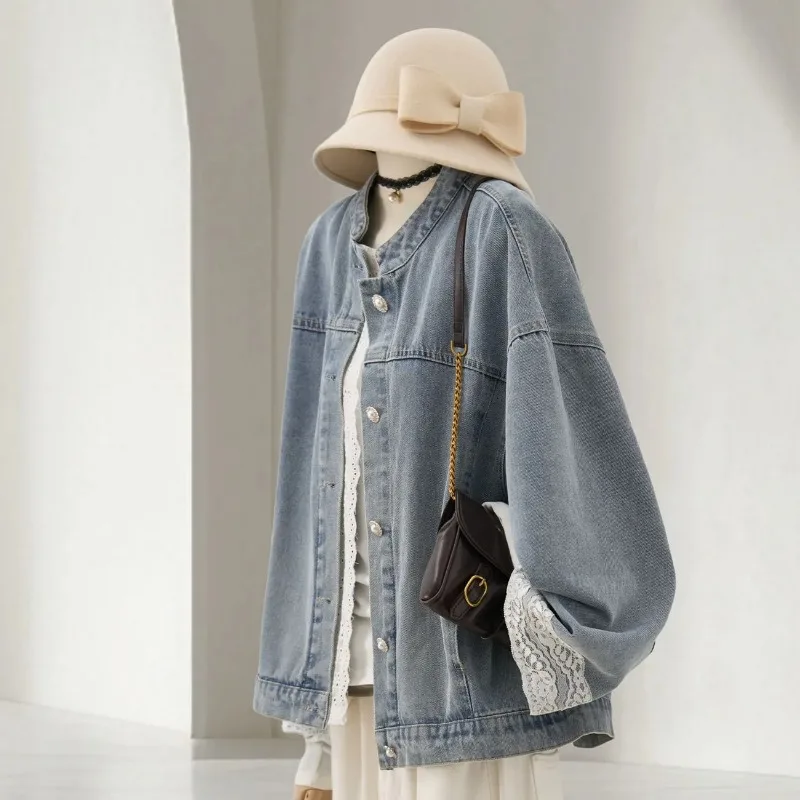 

Women's V-neck Lace Patchwork Denim Jacket Top Loose Trendy Spring Autumn Clothes Women Coats Mujer Single-breasted Coats