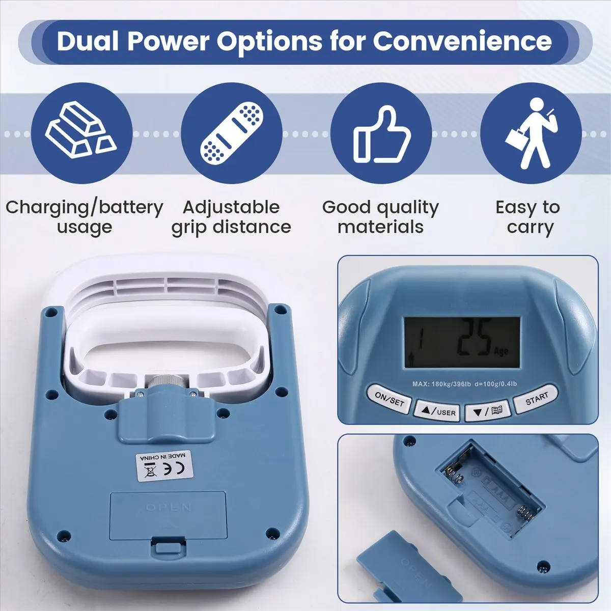 Super Sale 396Lbs/180Kg EH121 Digital Hand Dynamometer Hand Grip Strength Trainer Grip Strengthener for Home School Blue