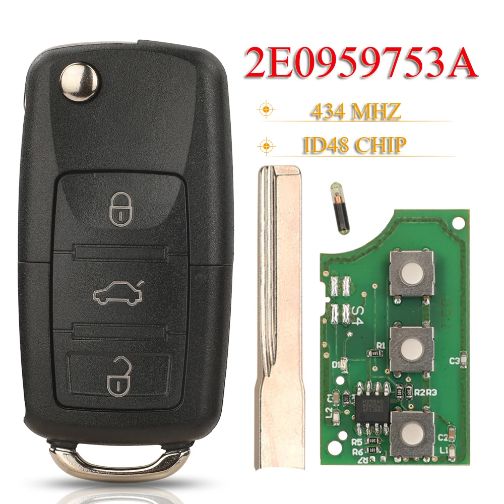 jingyuqin 2E0-959-753-A 3BTN Remote Flip Keys Fob Control 434Mhz ID48 Chip For VW VOLKSWAGEN Crafter 2006-2011 2E0959753A HU64