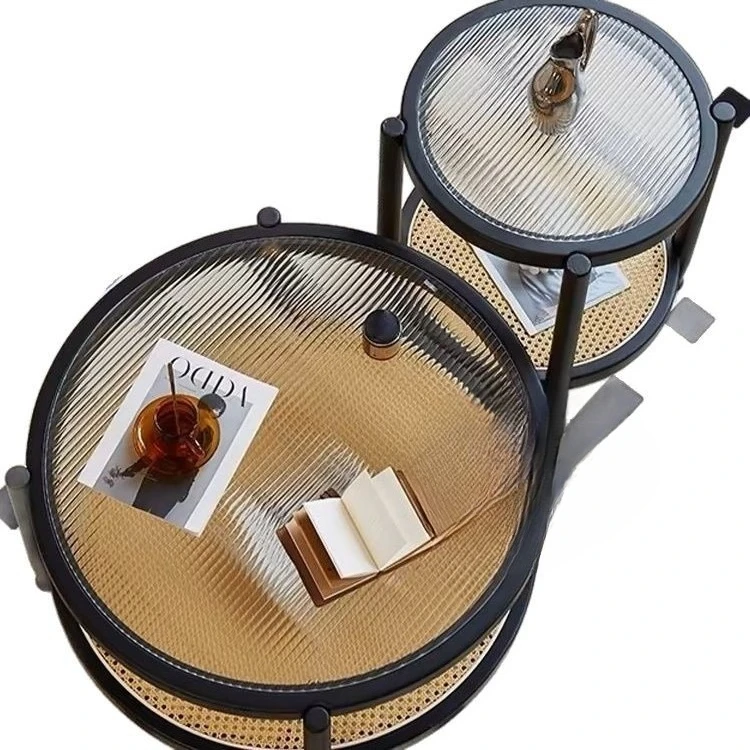 

Glass coffee table solid wood rattan combination living room household small apartment round