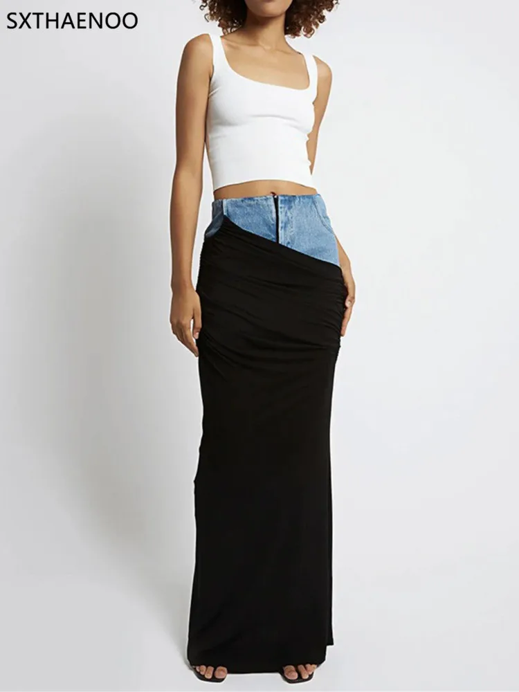 

SXTHAENOO Fashion Wome Skirts High Waist Deconstruct Patchwork Panelled Asymmetry Denim Pleated Pockets Long Skirt 2025 New