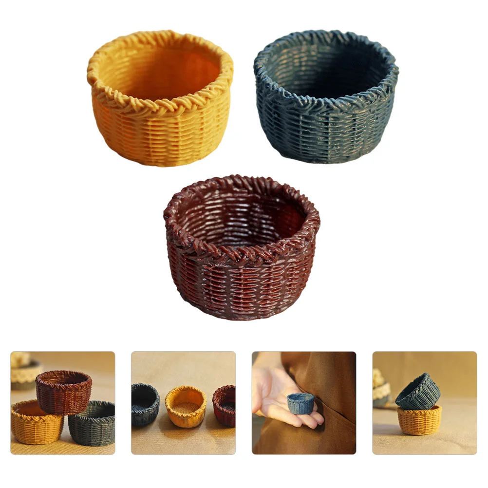 3 Pcs Mini Basket Ornament House Model Accessory Resin Miniature Small Storage Baskets Flower Decor