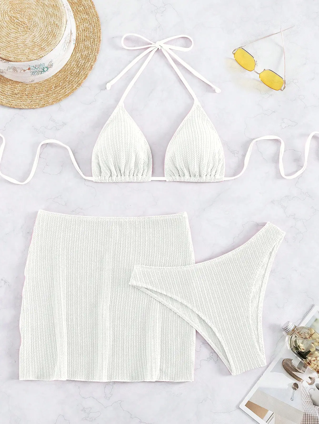 

Women's Summer Beach Plain Halter Triangle Bikini Set With Beach Skirt (3pcs)