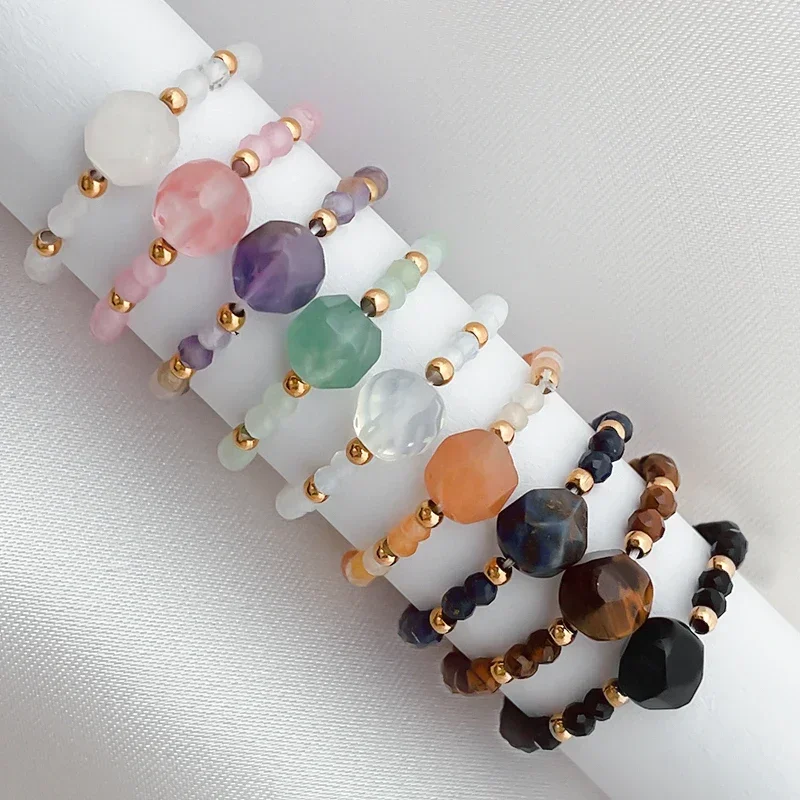 Natural Stone Beaded Rings For Women Crystal Stainless Steel Simple Fashion Elastic Rope Ring Handmade Wedding Party Jewelry
