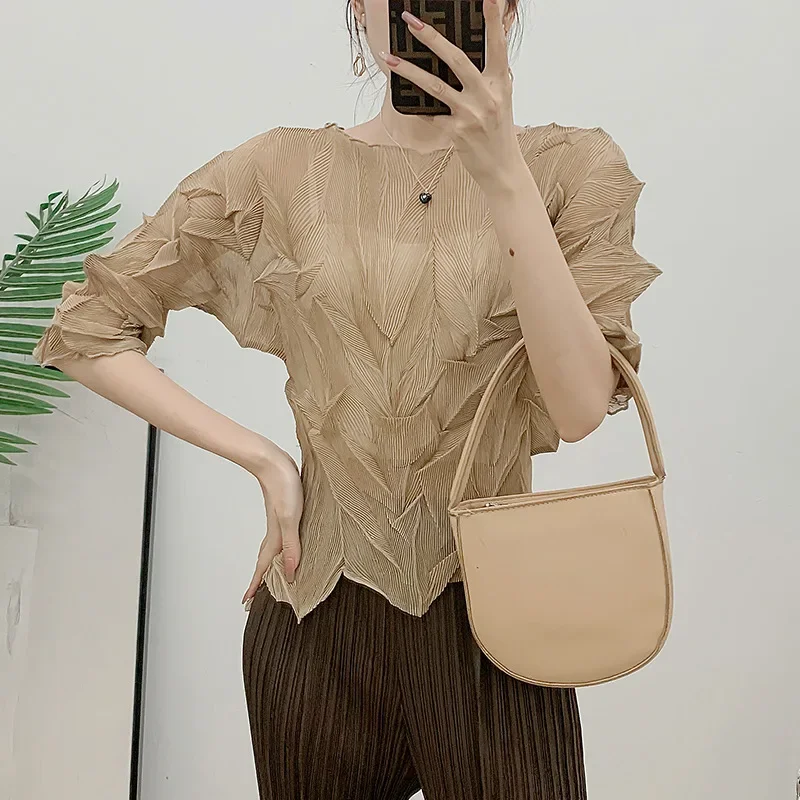 ALSEY Handmade Pleated Women Tops 2024 Autumn Elegant Commuter Slim Tulle Design Short Sleeve T-Shirt 2024 Summer New