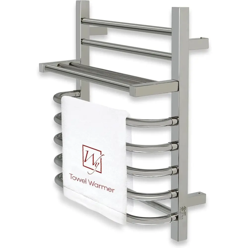 

Electric Bath Towel Warmer Rack with Storage Shelf, Polished Silver, Wall-Mounted, Hardwired