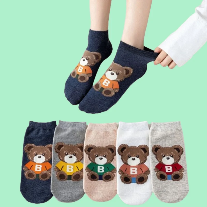 5/10 Pairs Women's Boat Socks Cartoon Bear Casual Socks Women's College Style Straight Socks Cotton Breathable Short Socks