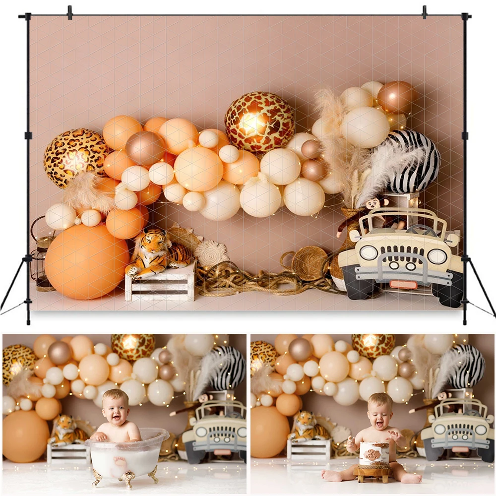 

Woodland Jungle Backdrops Safari Balls Backgrounds Balloon Truck Decor Photo Props Cake Smash Photocall Background