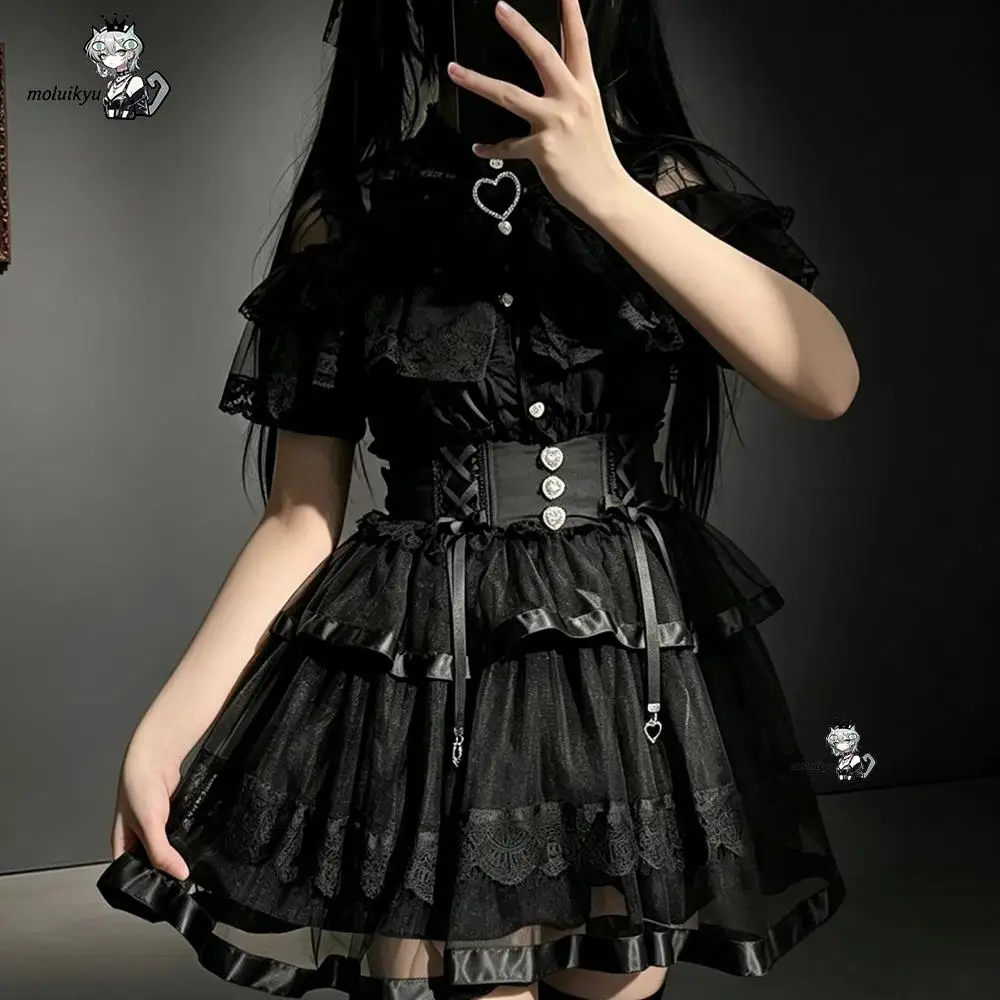 Gothic Lolita Blouse Y2K Aesthetic Women Short Sleeve Lace Ruffle Off Shoulder Top Kawaii Dark Shirt Multiple Styles Available