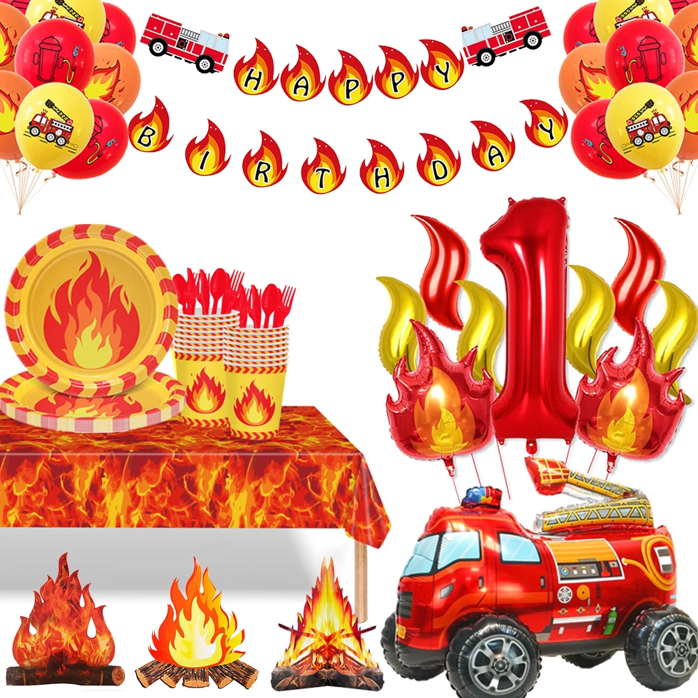 Fire Truck Birthday Decor Tableware Plates Flame Napkins Foil Fire Engine Balloon Kids Firetruck Fireman Birthday Party Supplies