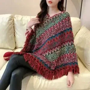 Ethnic Style Autumn and Winter New Fashion Pullover Loose Striped Knitted Shawl