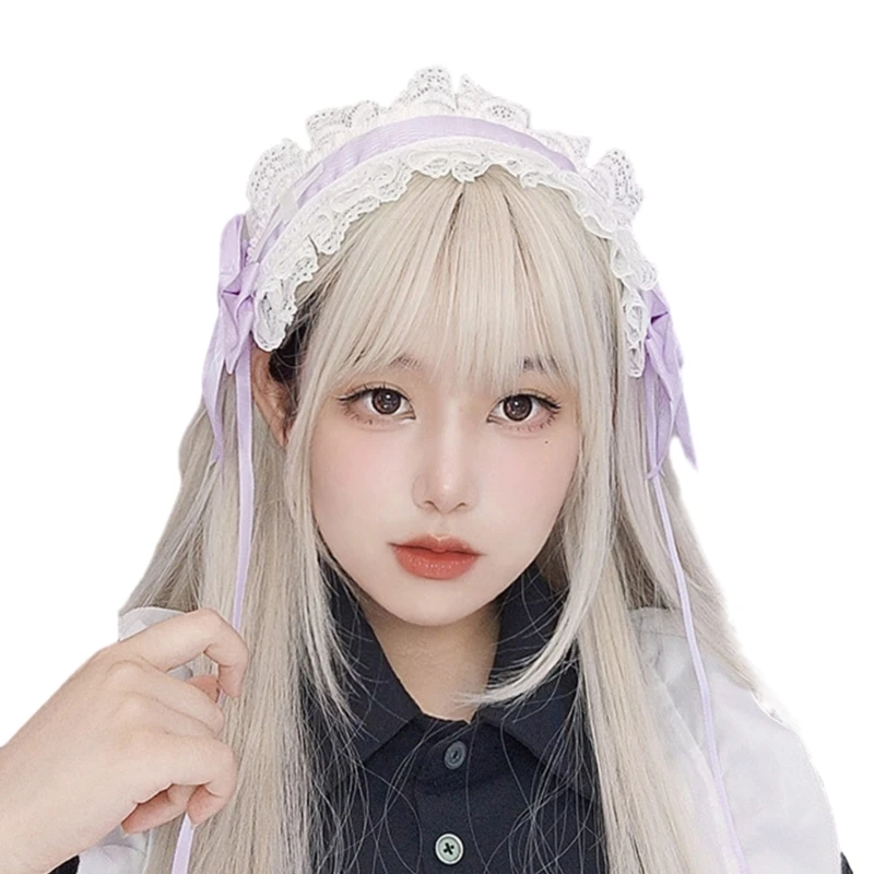 Women Multilayered Lace Headdress with Bow Lovely Lace Delicate Headband Cosplay Nurse Hair Clip Photo Props image 2