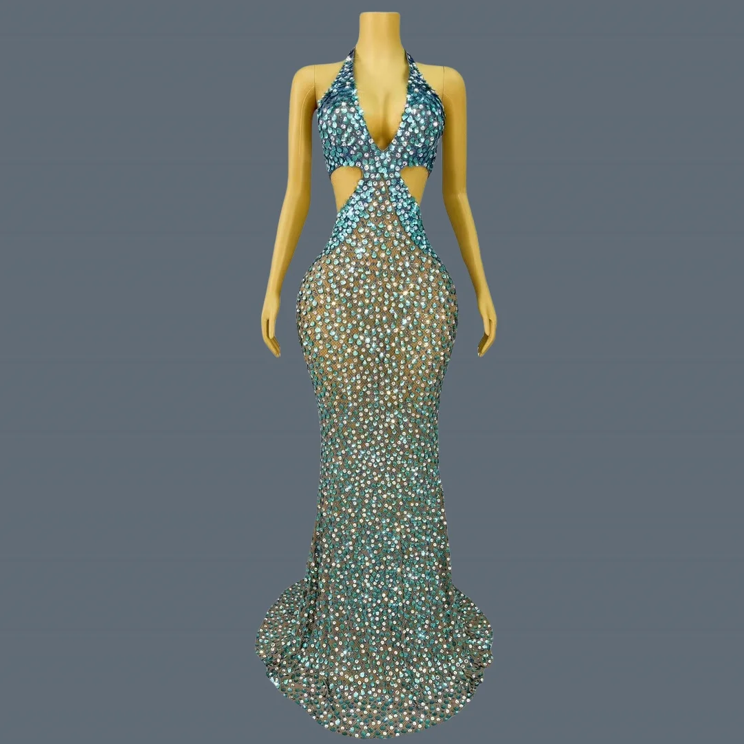 New Mermaid Blue Maxi Dress Shell Sequins Rhinestone Evening Gown for Women Luxury Ball Dress Deep V Neck Mesh Dress Beiduofen