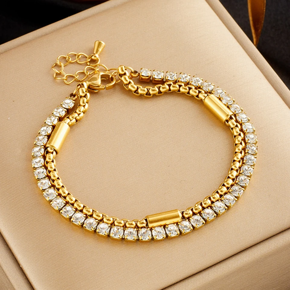 Yupsk 316L Stainless Steel Double Chain Bracelet Shiny Zircon Vintage Gold Color Charm Bracelets Women Party Jewelry Gift