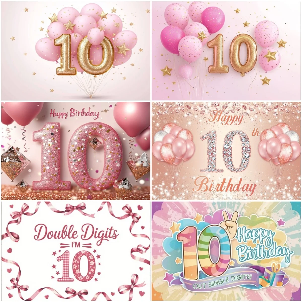 

10th Happy Birthday Background Pink Flower Glitter Balloon Kid Party Decoration Backdrop Girls 10 Years Old Photography Supplies