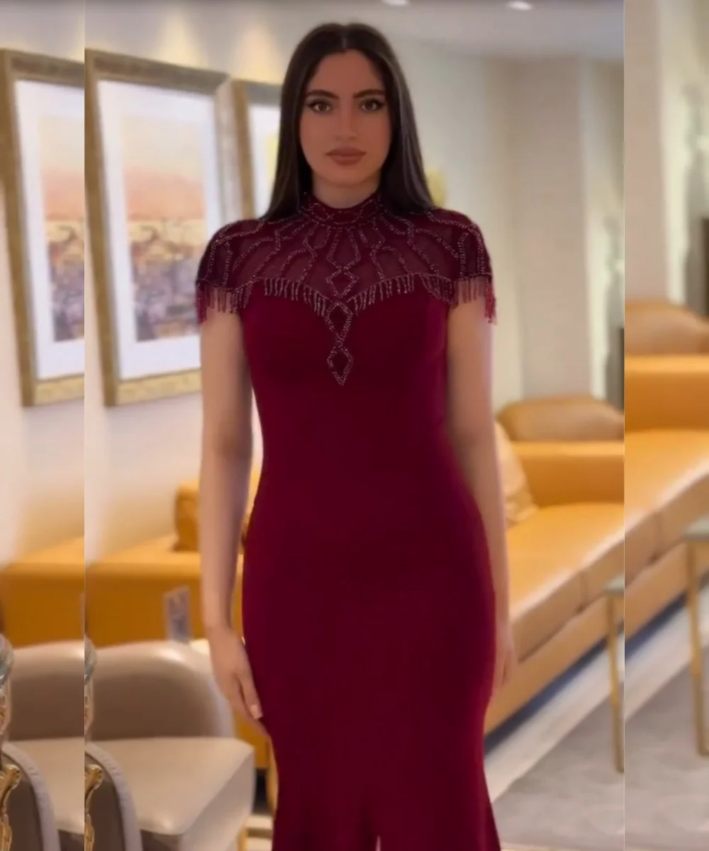 Customized Pastrol Jersey Pleat Sequined Pattern Trumpet O-Neck Long Bespoke Occasion Evening Dresses Fashion