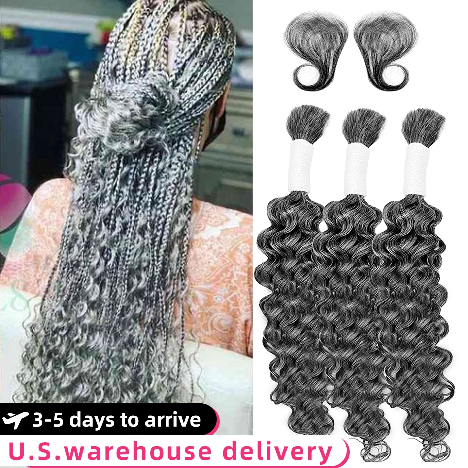 3 Bundles Silver Grey Bulk Human Hair Braiding 16-26 Inch Deep Wave Human Hair Bundles No Weft Bundles Hair Extensions For Women