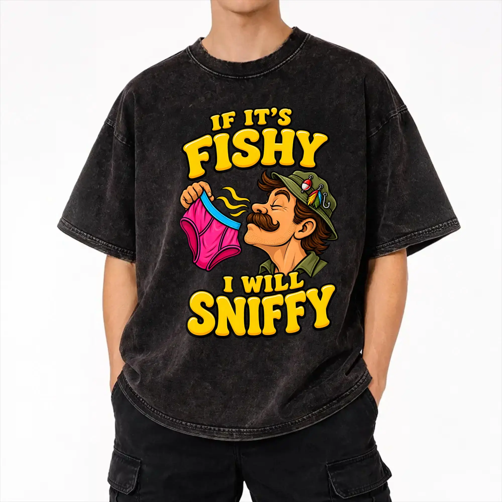 If It's Fishy I Will Sniffy Funny Embarrasing  T Shirts Hip Hop Washed 100% Cotton T-Shirts  Vintage for Men Women Streetwear