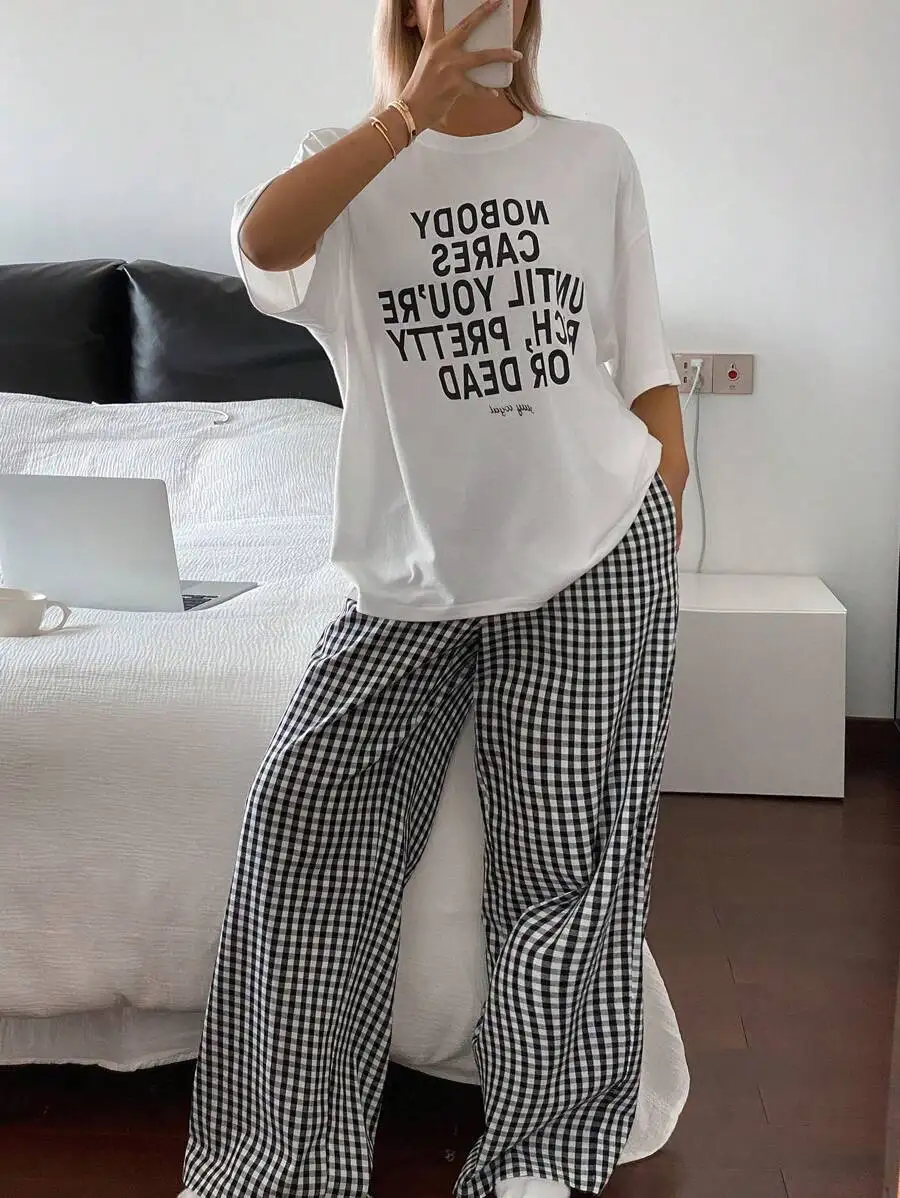 Women Letter Print T-Shirt And Plaid Loose Pajama Pants Sleep Set