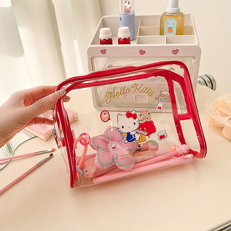 Sanrio Kawaii Hello Kitty Makeup Bag Cute Melody Transparent Portable Waterproof Skin Care Storage Bag Wash Tote Handbag