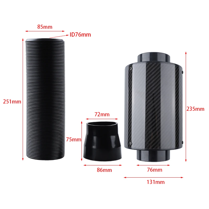 1 Set Universal Car 3 inch Carbon Fibre Cold Air Filter Feed Enclosed Intake Induction Pipe Hose Kit Universal Black