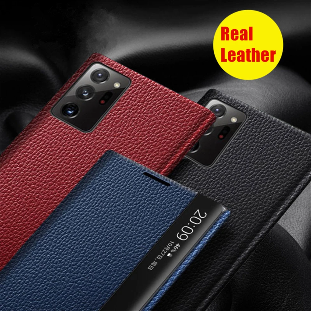 Retro Lychee Leather Cover For Samsung Galaxy Note 10 Plus Note10+ Window View Free-flip Smart Chip Phone Case For Note 20 Ultra