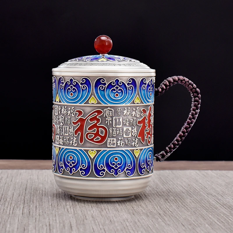 Cloisonne sterling silver 999 mug Momofuku Auspicious classic vintage large silver mug