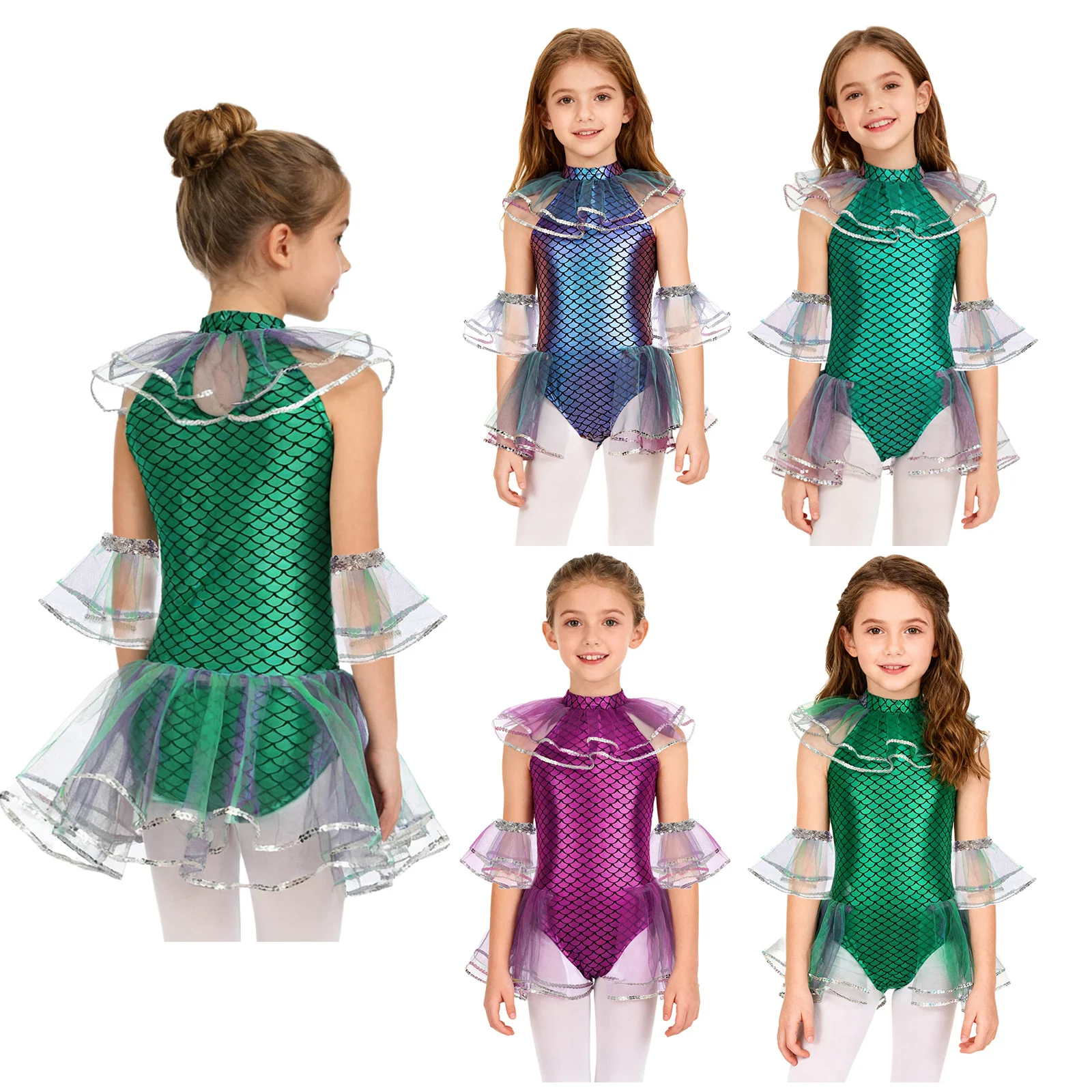 Kids Girls Mermaid Fish Scales Print Jumpsuit Ballet Dance Jersey Figure Skating Gymnastics Leotard Sleeveless Mesh Bodysuit image 5