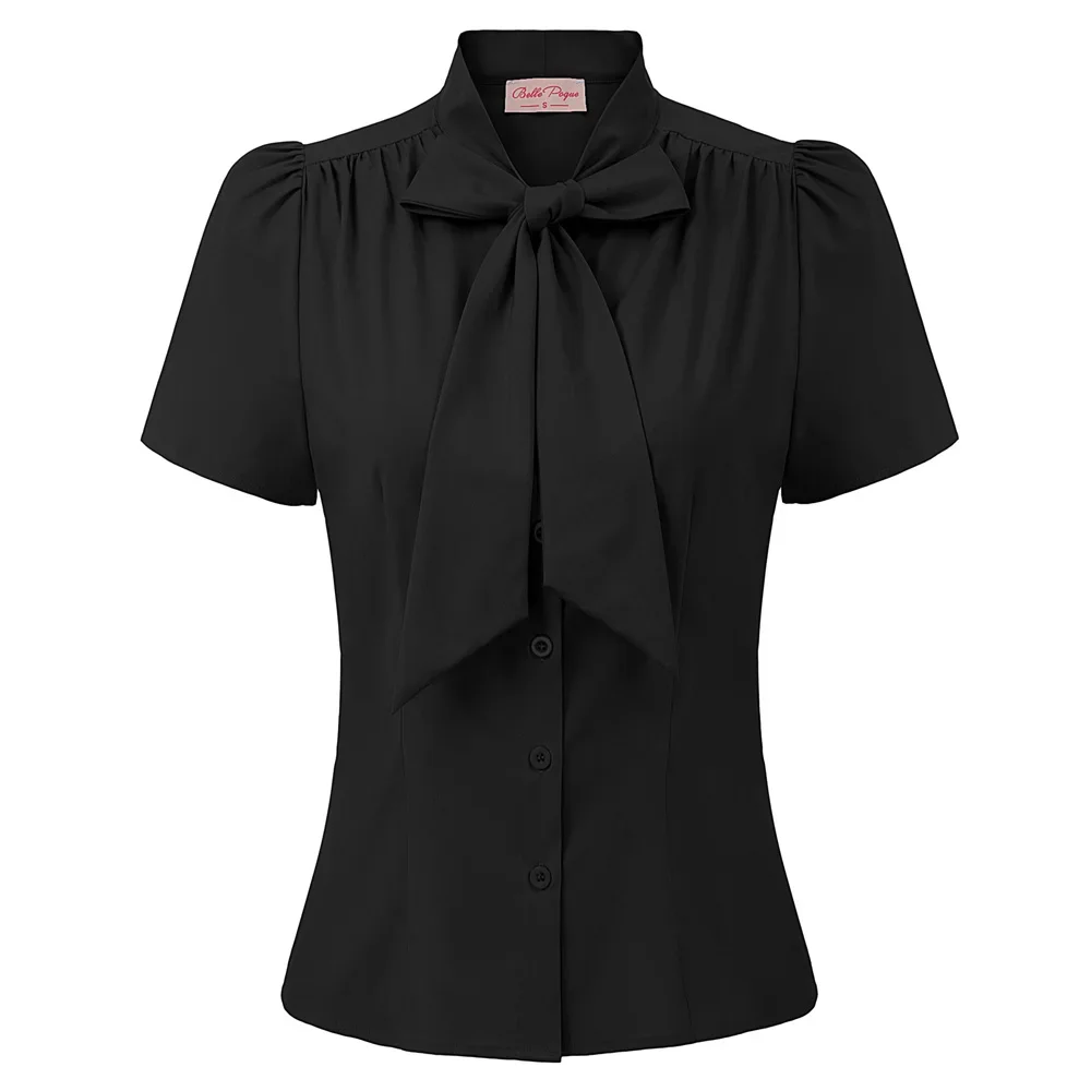 

Belle Poque Women vintage shirt ladies summer Stylish Solid Short Sleeve Bow-Knot Decor pleated office lady Shirts Tops blouse