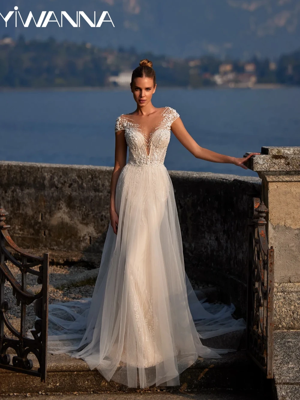 

New Arrival Dazzling Beaded Mermaid Long Wedding Dress Detachable Train Short Sleeve Bridal Gown Customized Dresses For Bride