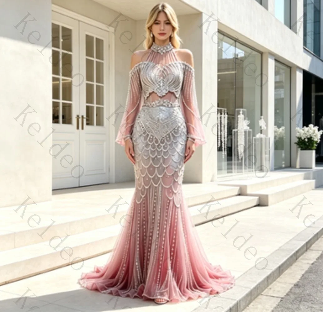Customized Halter Off‑Shoulder Mermaid Evening Gown Heavy Beaded Bell Long Sleeves Gradient Tulle Floor‑Length Formal Party Prom