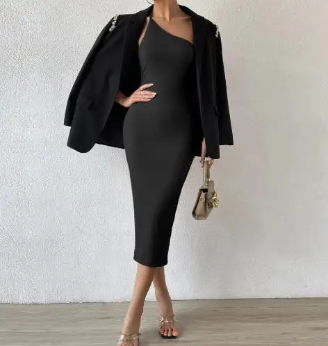 

Women's Dress Summer Tight Fitting New Style, Solid Color, Sloping Collar, Backless, Waist Bag, Hip Dress Suitable for Banquets