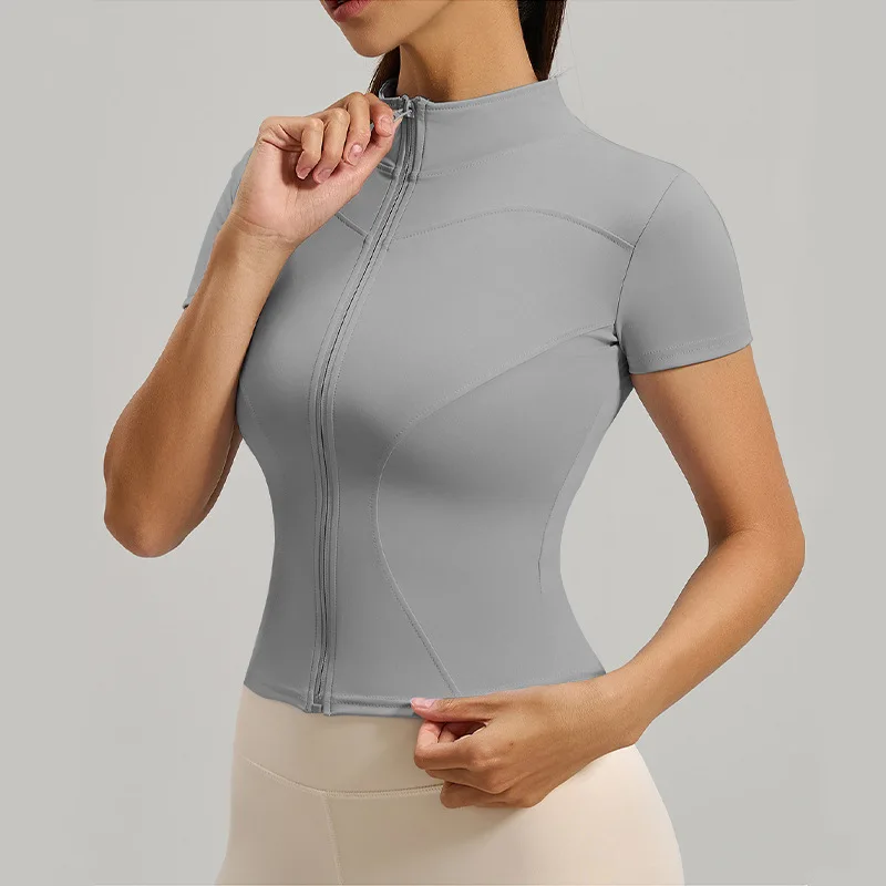 Women Gym Yoga Shirt Stand Collar Slim Fit Top Quick Dry Breathable Fitness Running Clothes Athletic Sportswear Elastic Tee