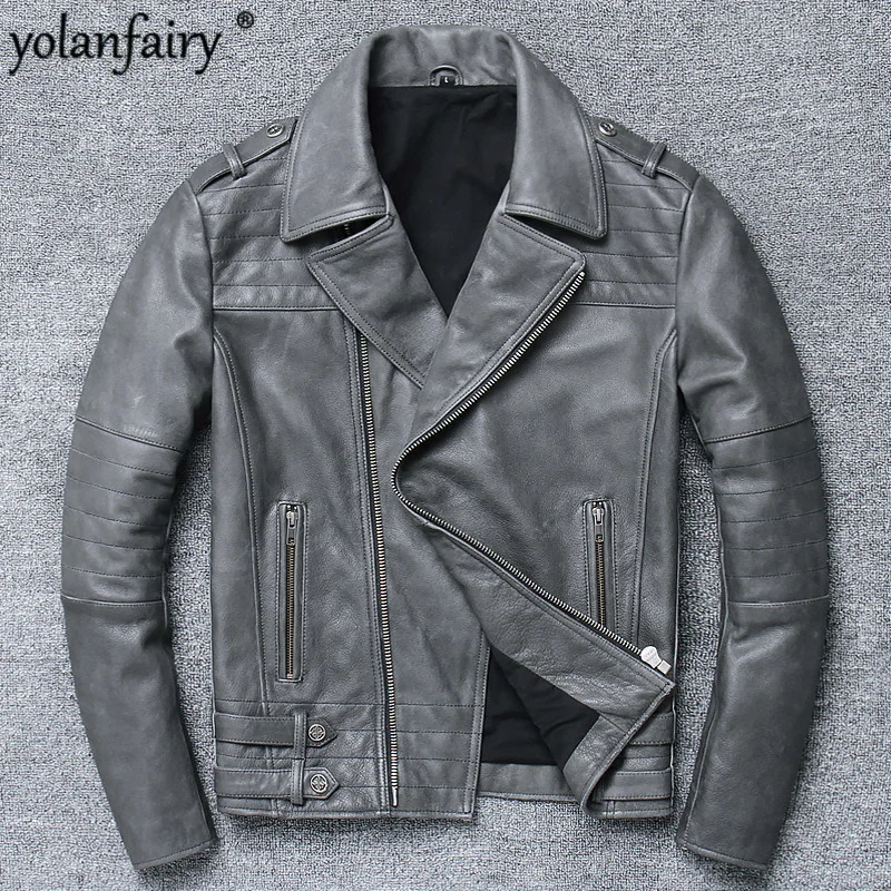 

2023 Men Mlothes 100% Real Cow Leather Coat Long Sleeve Jacket Short Punk Spring and Autumn Vintage Hot Selling X1-5818